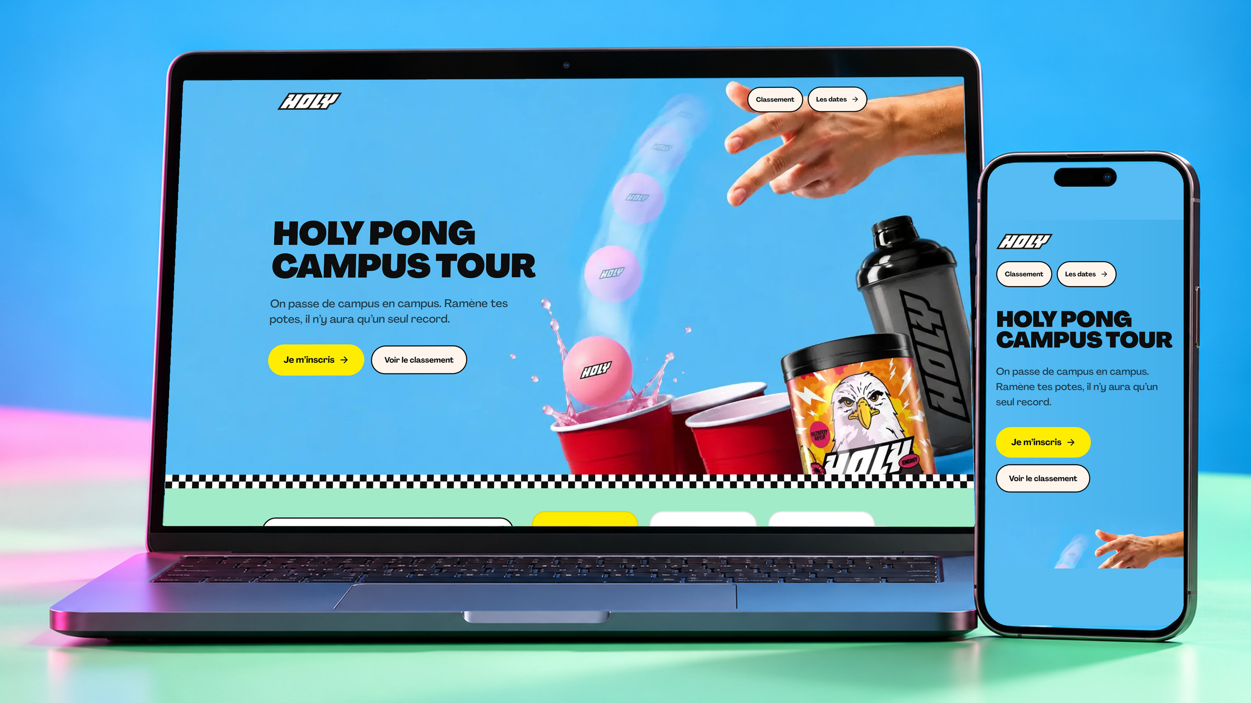 Pascal Anziani - Art Director 2 HOLY Pong campus tour app displayed on a laptop and smartphone in a blue and mint studio mockup