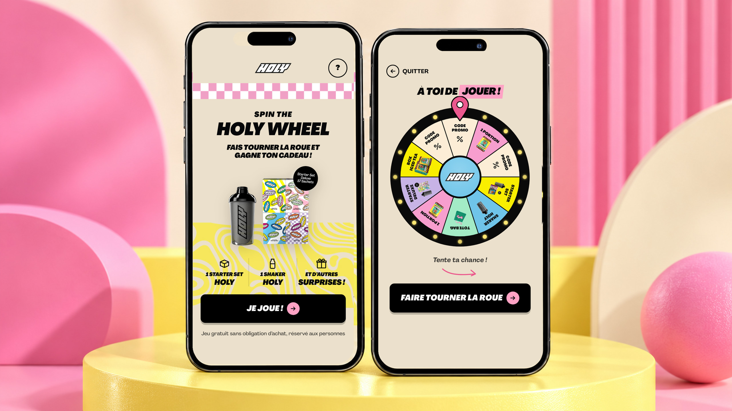 Pascal Anziani - Art Director 1 HOLY Wheel app home screen and prize wheel displayed on two smartphones in a pink and yellow studio mockup