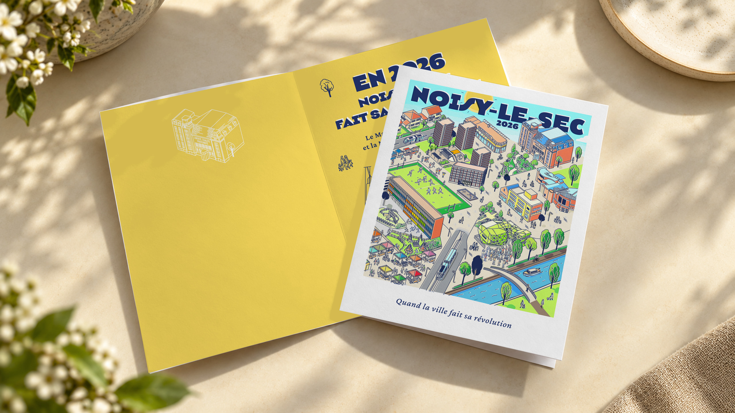 Pascal Anziani - Art Director 10 Noisy-le-Sec greeting cards with the illustrated cover overlapping an open yellow card